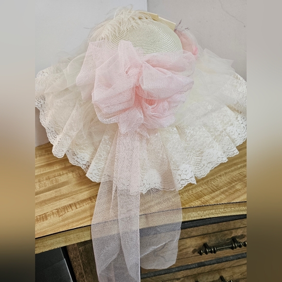 Recollections Victorian Hat Pink Rose Lace Wide Brim Feather Kentucky Derby - Picture 5 of 12